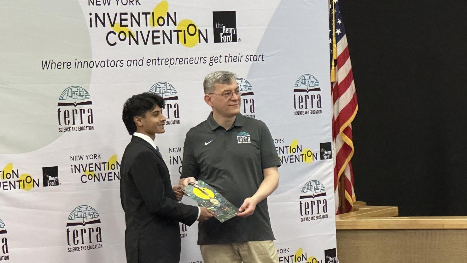 Matthew Ponnaiya being awarded his Silver at the New York Invention Convention